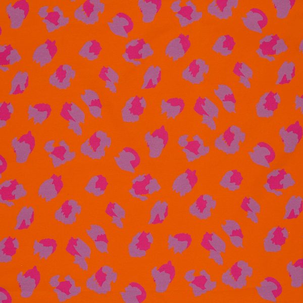 Katoenen jersey leopard oranje, roze en paars