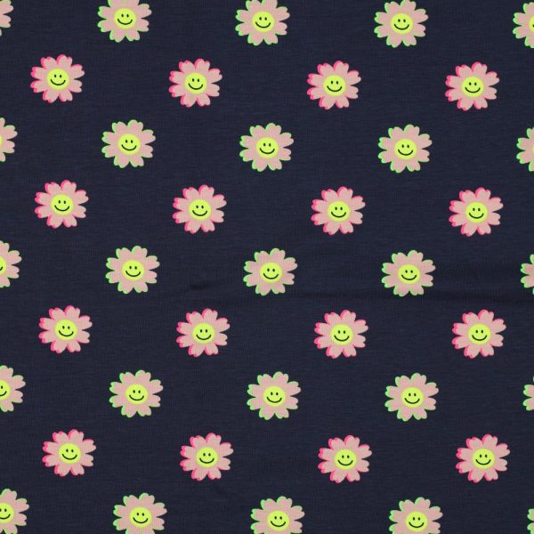 Katoenen jersey neon vrolijke bloemen marineblauw