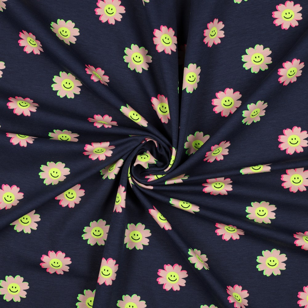 Katoenen jersey neon vrolijke bloemen marineblauw Afbeelding 2