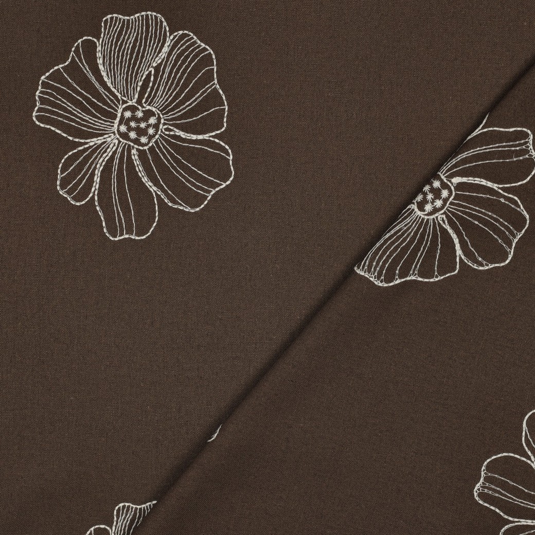Linnen viscose geborduurde bloemen bruin Afbeelding 4