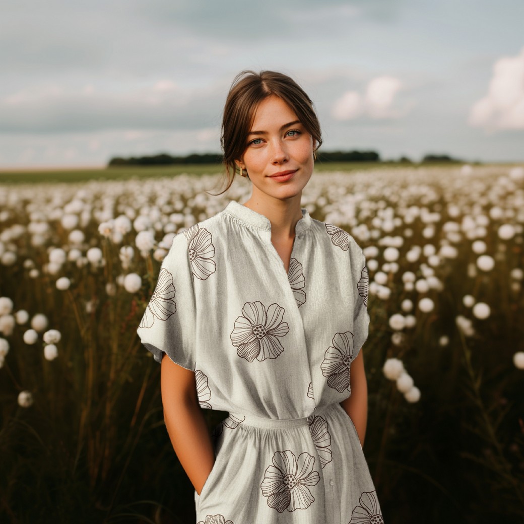 Linnen viscose geborduurde bloemen naturel Afbeelding 5